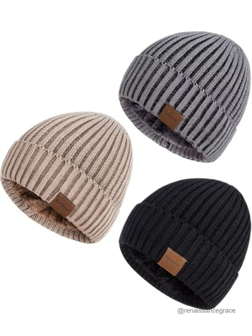 3 Pack Fleece Lined Winter Knit Beanie Hats Unisex